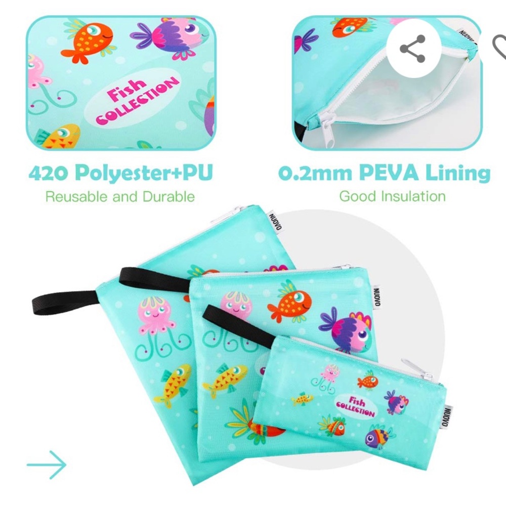 Nuovoware Sandwich/Snack Zipper Bags  [3 Pk] Resuable, Washable, Cartoon Fish